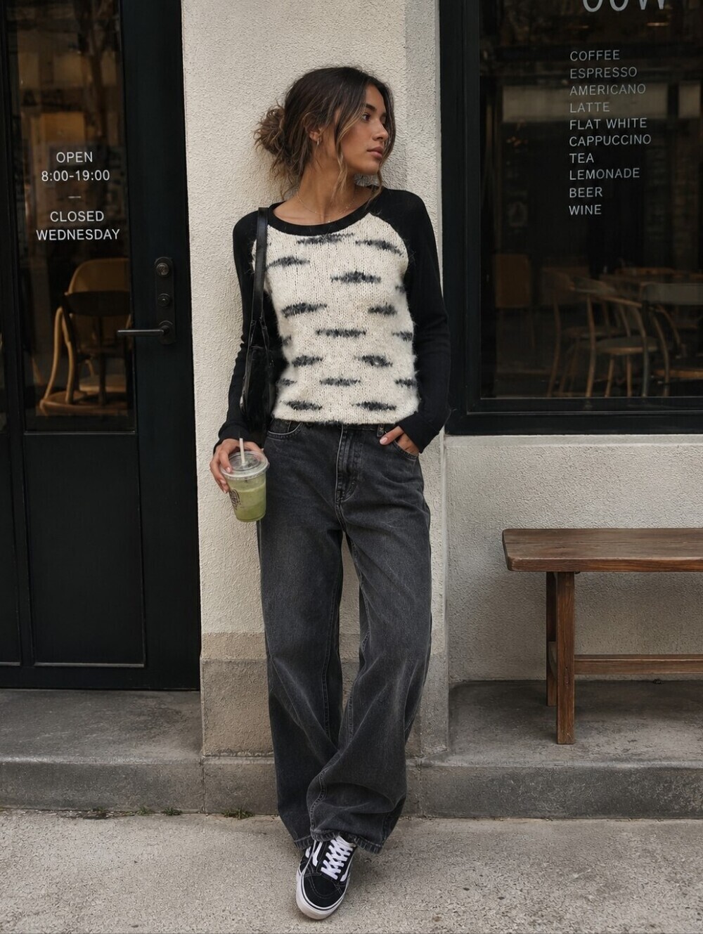 Maison Scotch Black White Textured Knit Crewneck Sweater Small Minimalist